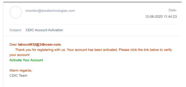 Account activation email screenshot