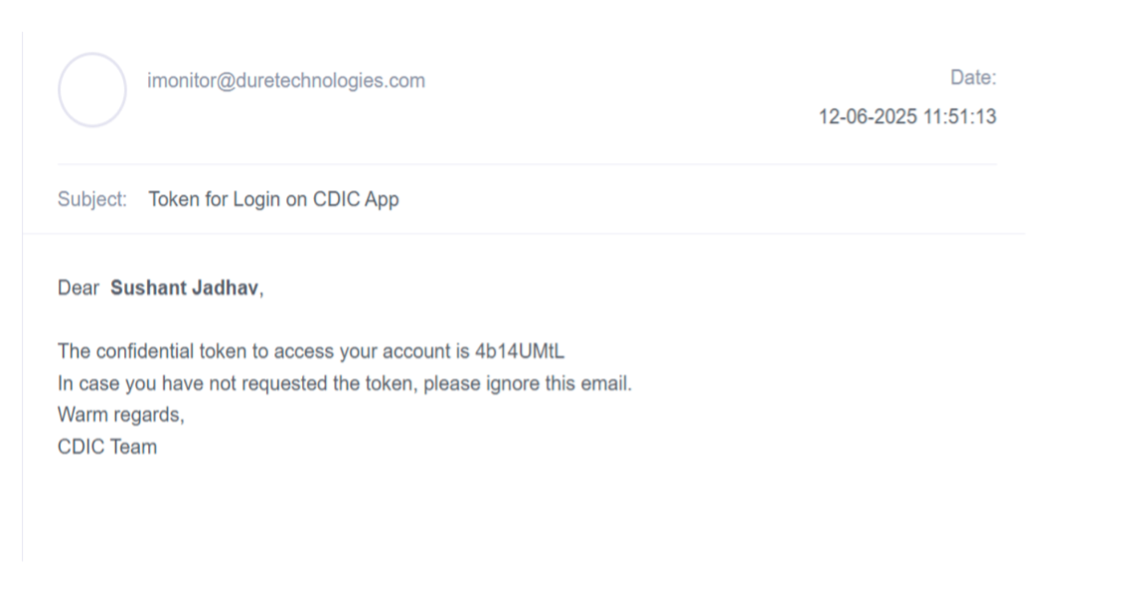 Email with token screenshot