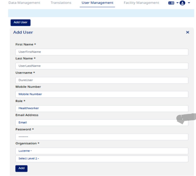 Add User form screenshot